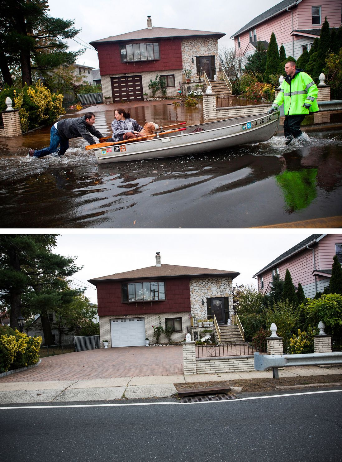 [Top] An emergency responder helps evacuate two people with a boat, after their neighborhood experienced flooding due to Superstorm Sandy October 30, 2012 in Little Ferry, New Jersey. [Bottom] The same home in Little Ferry, NJ is shown October 22, 2013.